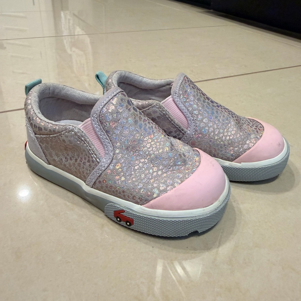See Kai Run Italya Kids Glitter Slip-On Shoes - Pink and Silver - Size 7